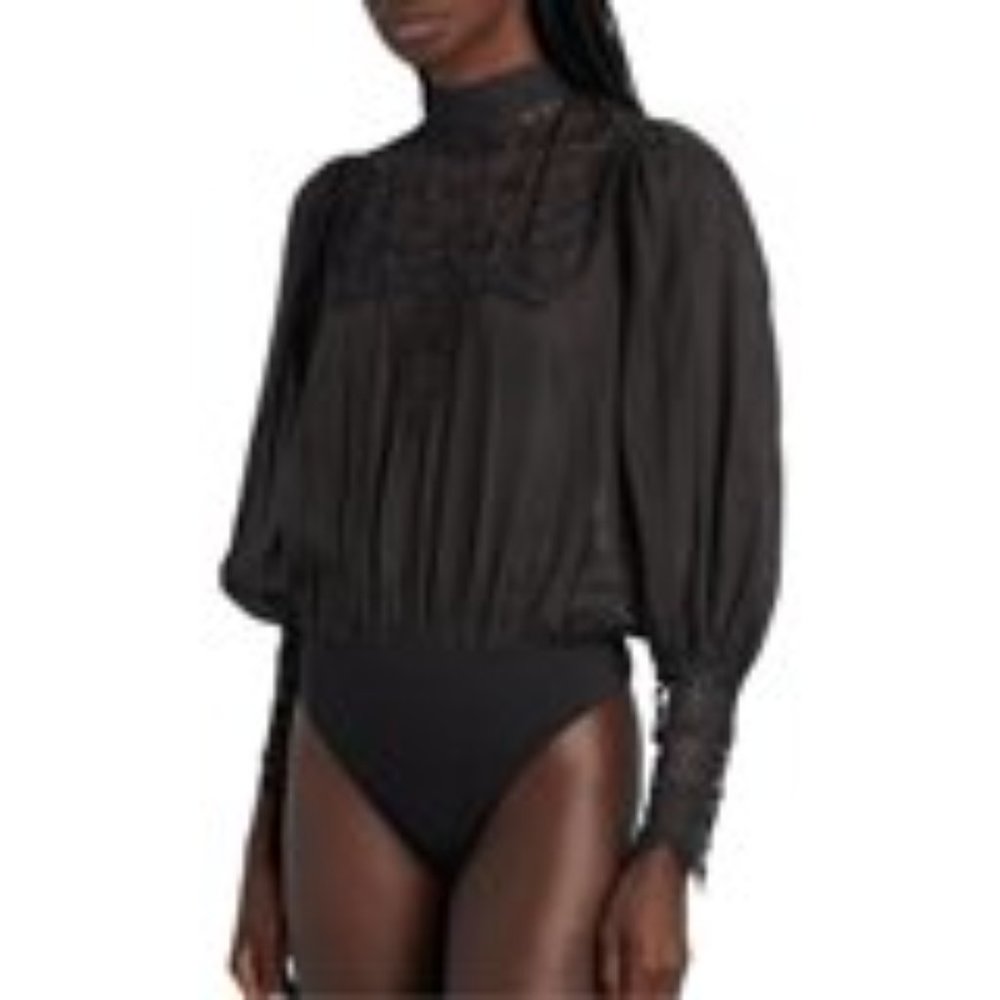 retrofete Women's Lace-Trimmed Chiffon Bodysuit Long Sleeve